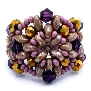 Brown and White with Purple and Gold Crystal Beaded Statement Ring Size 7